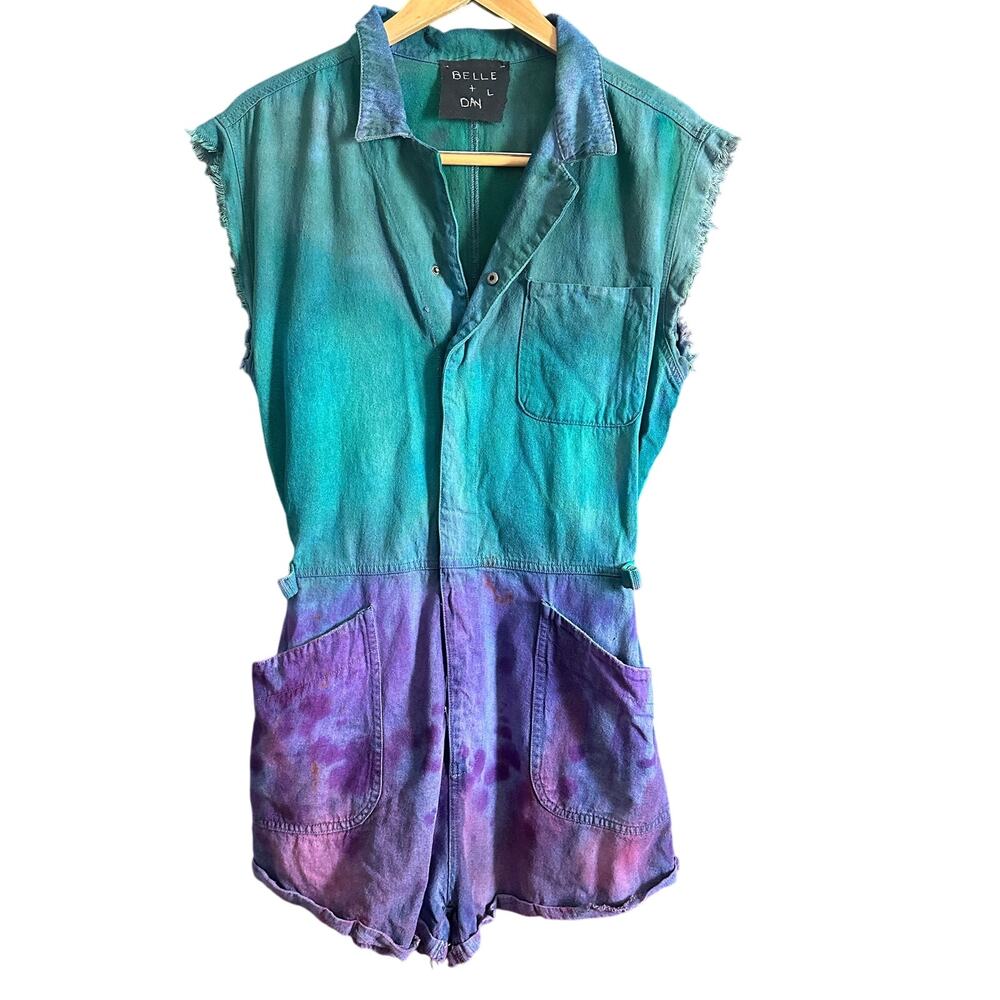 BELLE + DAY | Purple and GreenTie Dye Ombre Utility Jumpsuit Romper | Size Large
